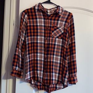 Burnt orange and navy blue plaid long sleeve shirt